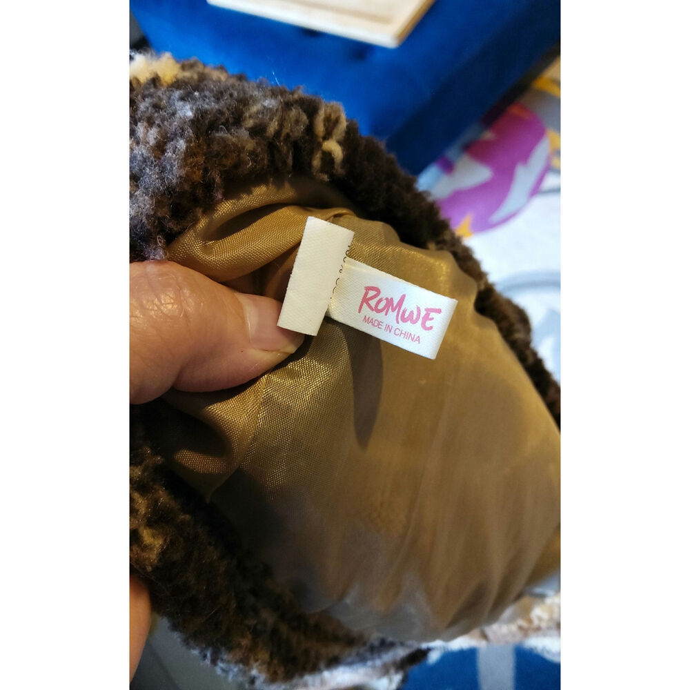 Romwe Lumberjane Cropped plaid Teddy sweater jacket zip brown 100% cotton - Picture 7 of 10